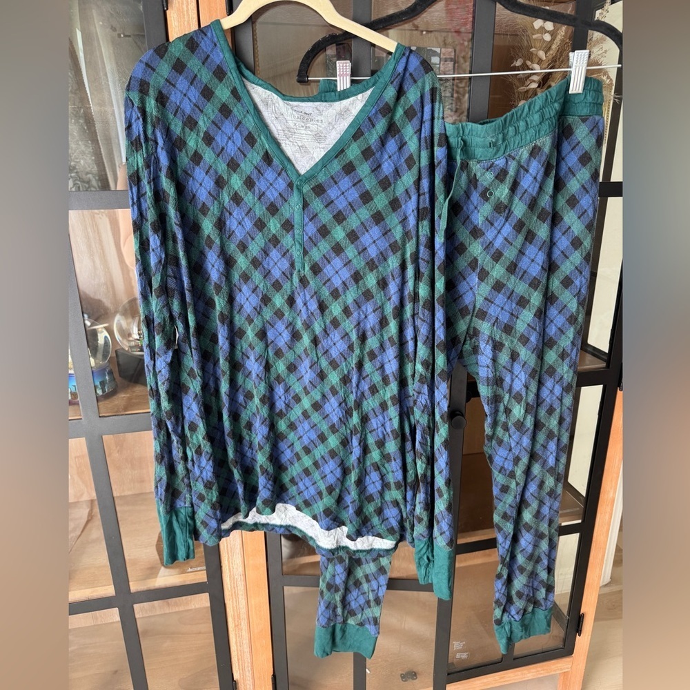 Little Sleepies set emerald plaid henley long sleeve pajamas top bamboo pants
